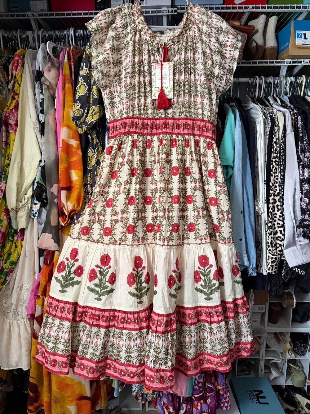POL Boho Floral Tiered Midi Dress in Cream and reds